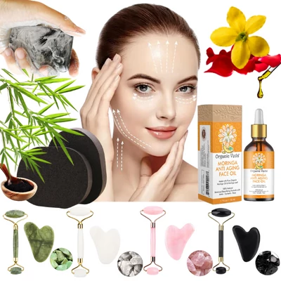 Ásvány arc-és gua sha masszírozó csomag, Moringa arcolaj, bio bambusz szén szappan és szivacs